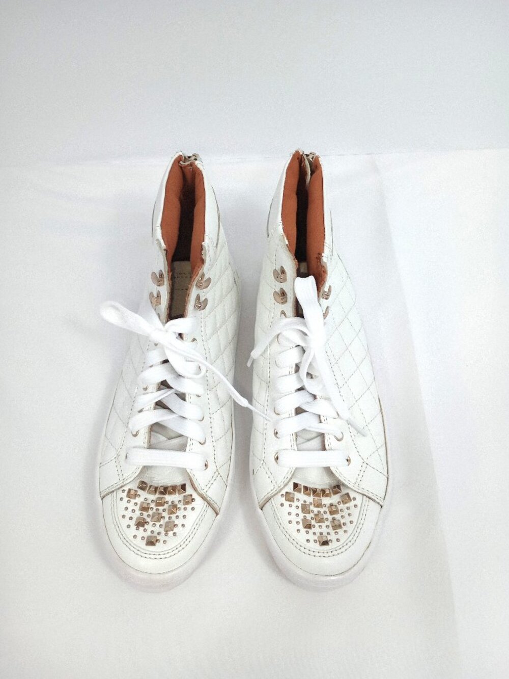 Rebecca Minkoff Studded High Top Sneakers White Leather Zip Back Size 8